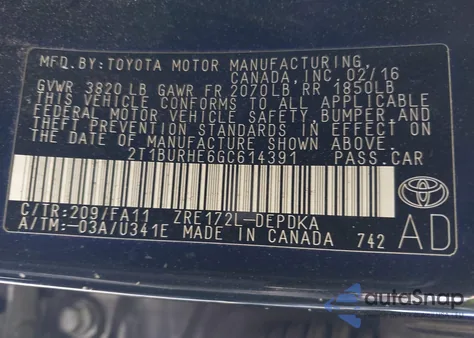 2016 Toyota Corolla L z USA, uszkodzony, nr VIN 2T1BURHE6GC614391